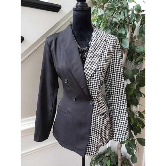SHEIN Jackets & Blazers - SHEIN Blazer Jacket Women Small Black White Houndstooth Double Breasted 4 Button